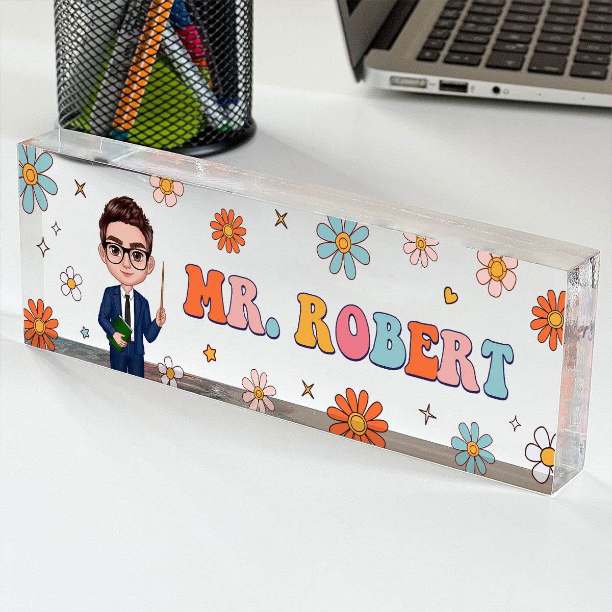 Groovy Retro Teacher Name Sign, Back To School Teacher Gifts Personalized Teacher Acrylic Desk Name Plate