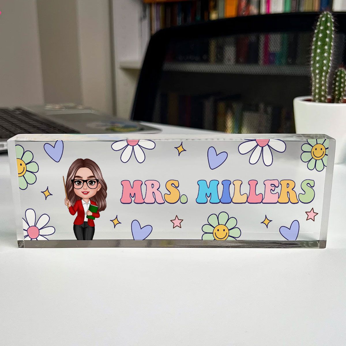 Groovy Retro Teacher Name Sign, Back To School Teacher Gifts Personalized Teacher Acrylic Desk Name Plate