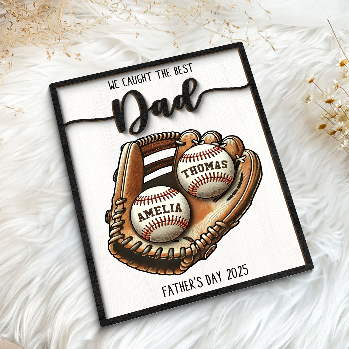 Personalized 2-Layered Wooden Plaque, Father’s Day Gift We Caught The Best Dad Throwing Ball, Custom Kid's Name