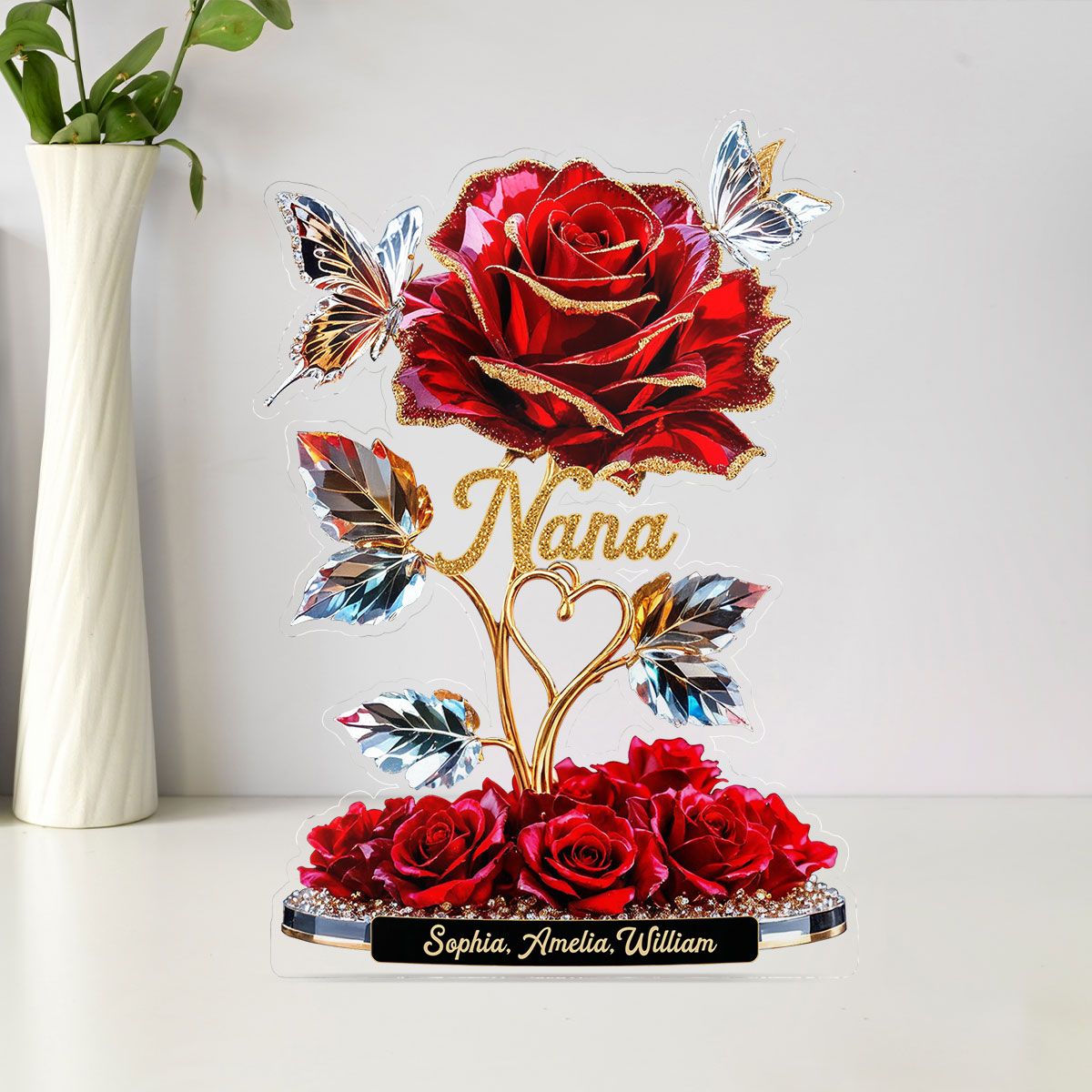 Beautiful Rose For Grandma Mom With Kids Names 3D Effect Personalized Flat Acrylic Block Plaque