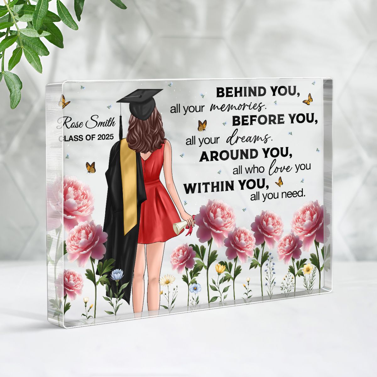Graduation Senior 3D Effect Birth Month Flowers Personalized Rectangle Acrylic Block Plaque, Graduation Gift