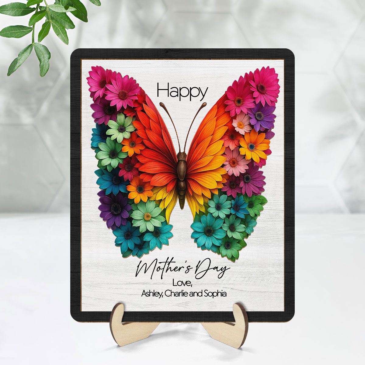 Mother's Day Butterfly Flowery Wings 2D Flat, Personalized 2-Layered Wooden Plaque, Mother's Day Gift for Mom, 3D Effect