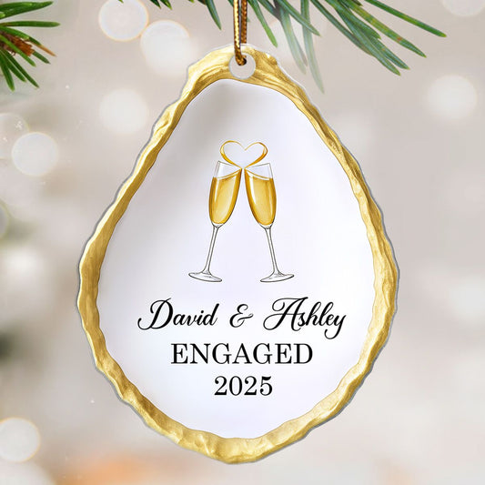 Oyster Shell Shaped Couple Engaged Personalized Flat Acrylic Ornament, Gift For Newly Engaged Couple