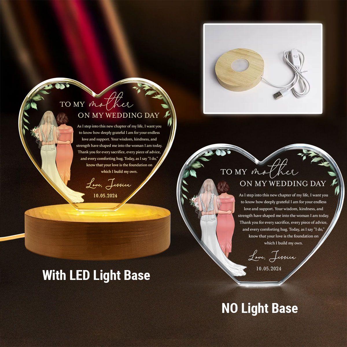 Personalized Wedding Mother of the Bride Gift from Daughter, a Treasure Forever Custom Premium Crystal Heart LED