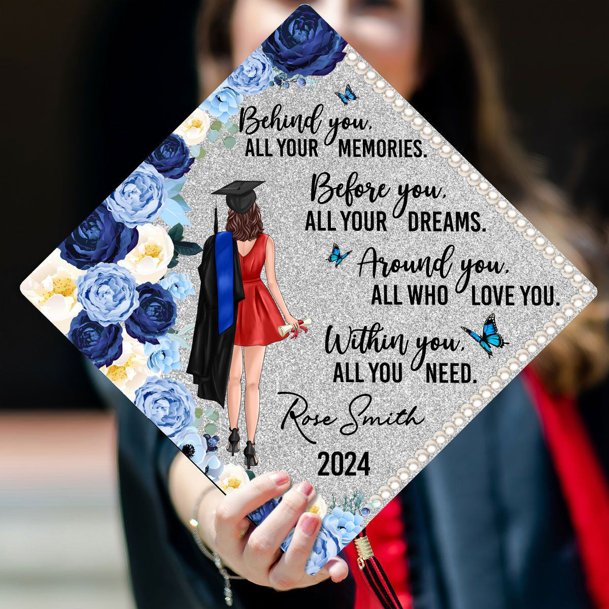 Behind You Flowers Senior Graduation Gift Personalized Printed Graduation Cap Topper (Not Real Glitter)