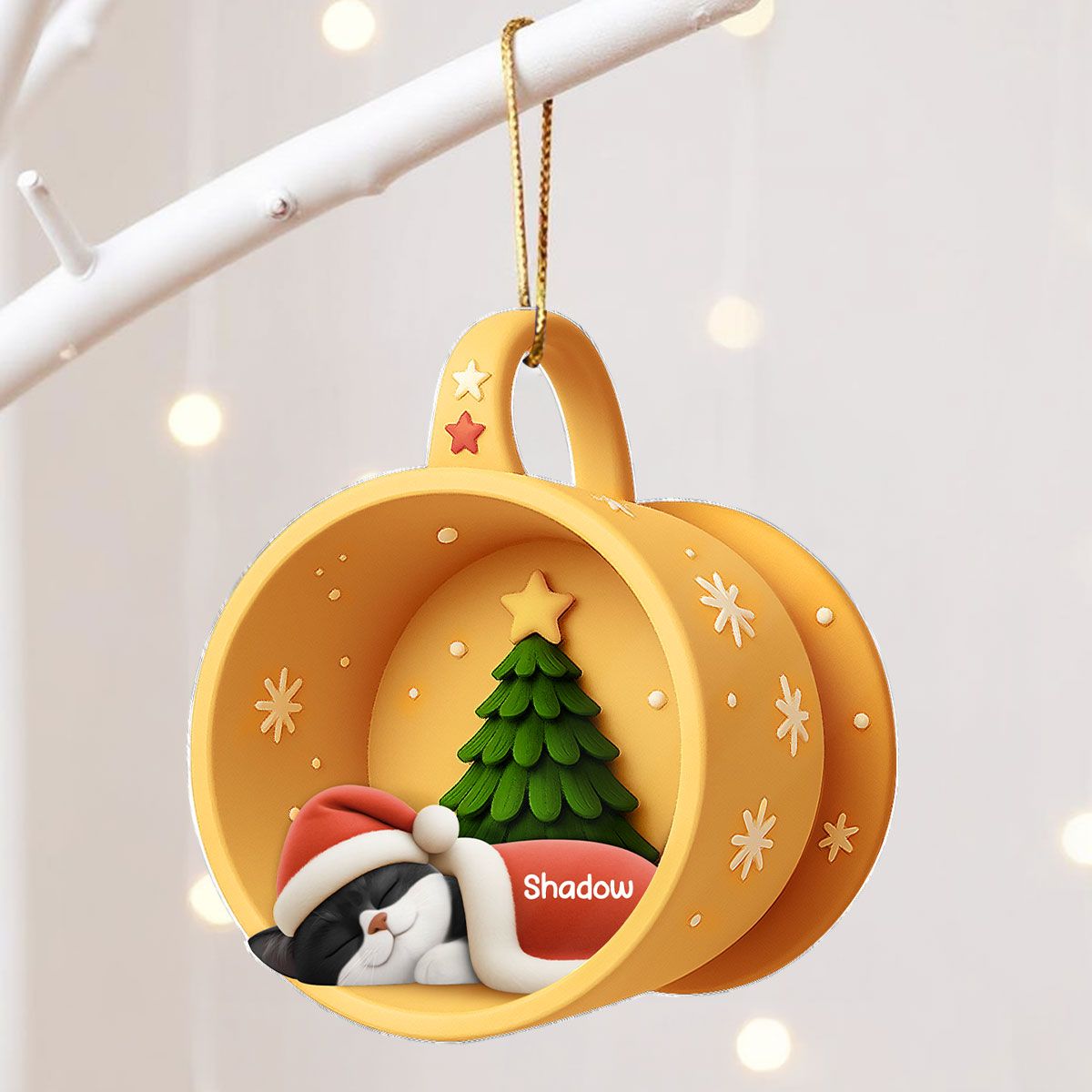 Christmas Sleeping Cats In Cozy Mug 3D Effect Personalized Acrylic Ornament