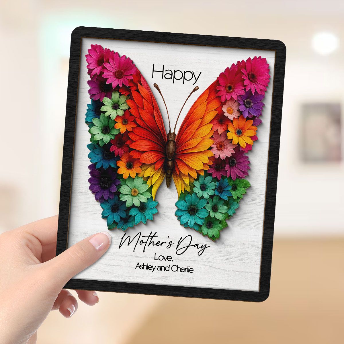 Mother's Day Butterfly Flowery Wings 2D Flat, Personalized 2-Layered Wooden Plaque, Mother's Day Gift for Mom, 3D Effect