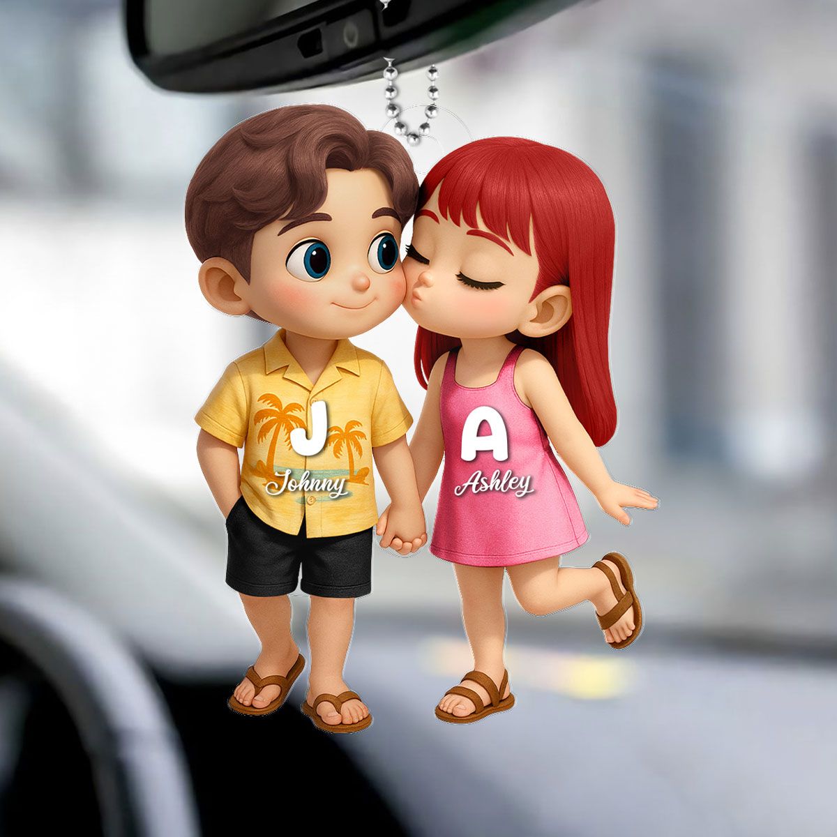 Cute Cartoon Couple Summer Vibe Personalized Acrylic Car Hanger, Gift for him, Gift for her