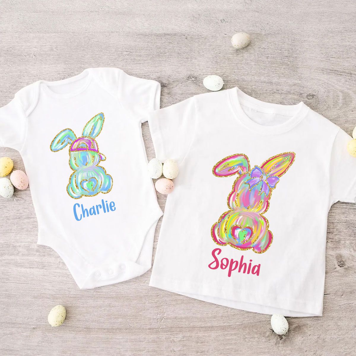Brushstroke Bunny Easter Personalized Baby Onesie Baby Shirt - Custom Baby Name