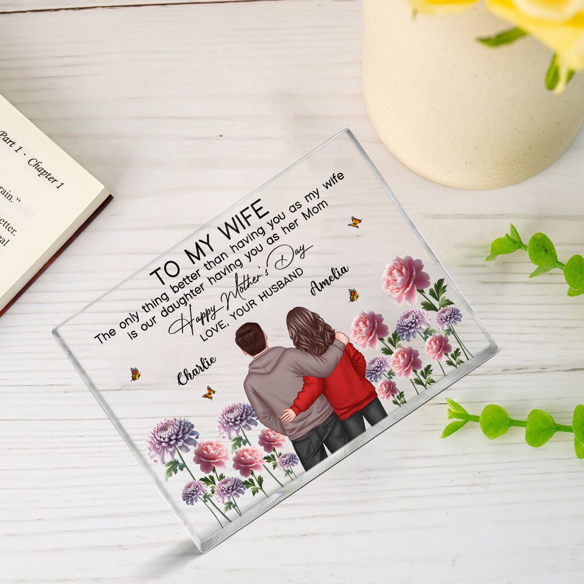 To My Wife From Husband Happy Mother's Day Birth Flower Personalized Acrylic Block Plaque