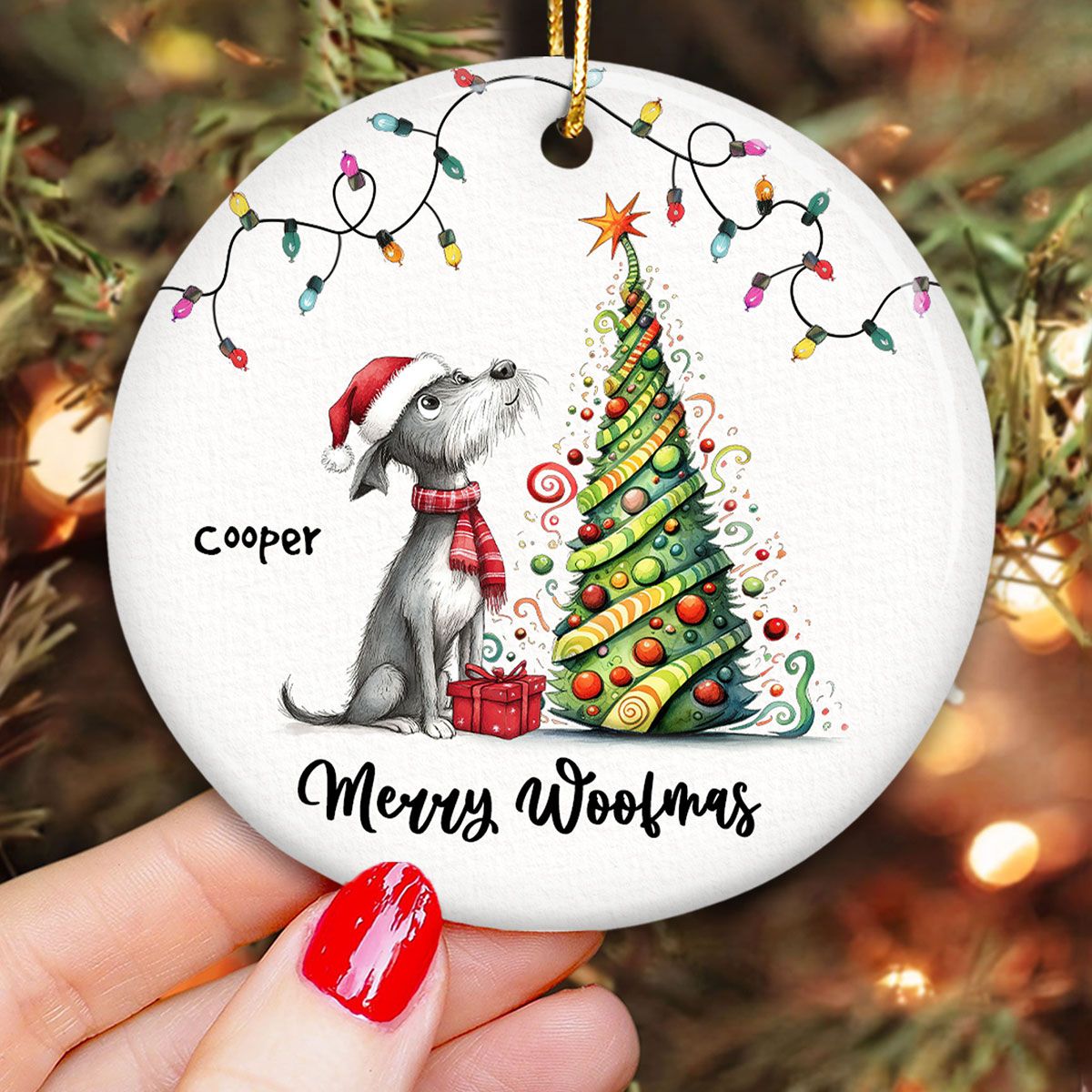 Quirky Christmas Dog Whimsical Funny Silly Pups Puppy Personalized Circle Ceramic Ornament