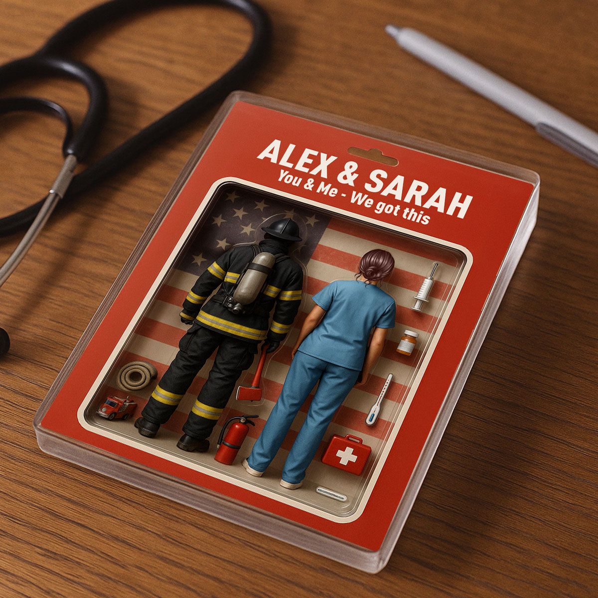 You & Me We Got This Firefighter & Nurse Couple Toy Box Figures Style Personalized Acrylic Block Plaque