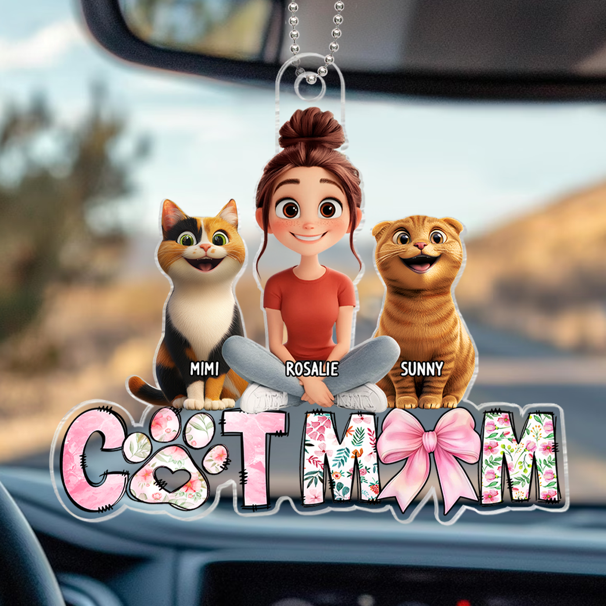Cartoon Cat Mom Sitting Personalized Acrylic Car Hanger, Gift for Cat Moms