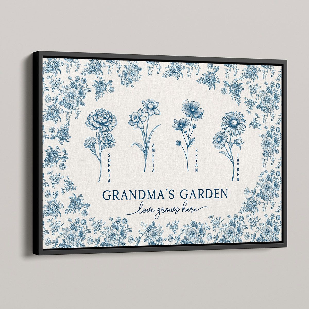 Vintage Blue Floral Pattern Grandma's Garden Personalized Canvas