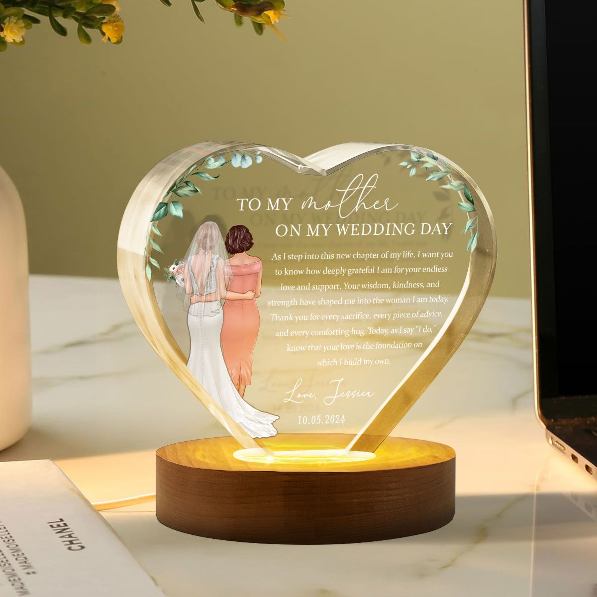 Personalized Wedding Mother of the Bride Gift from Daughter, a Treasure Forever Custom Premium Crystal Heart LED