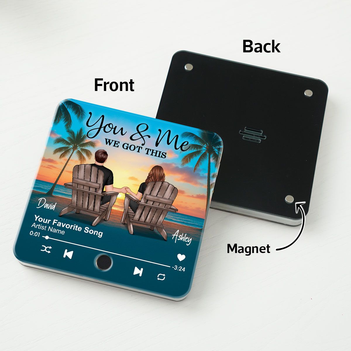 Couple Beach Sunset Under Tree Palm Personalized Music Fridge Magnet, Anniversary gift for him, for her