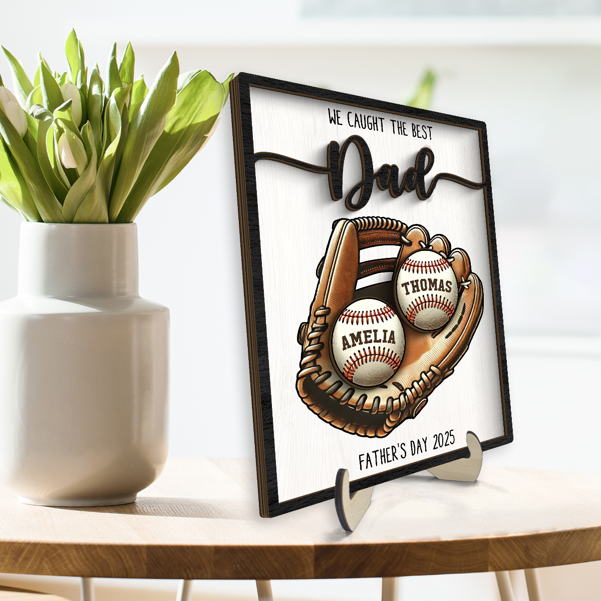 Personalized 2-Layered Wooden Plaque, Father’s Day Gift We Caught The Best Dad Throwing Ball, Custom Kid's Name