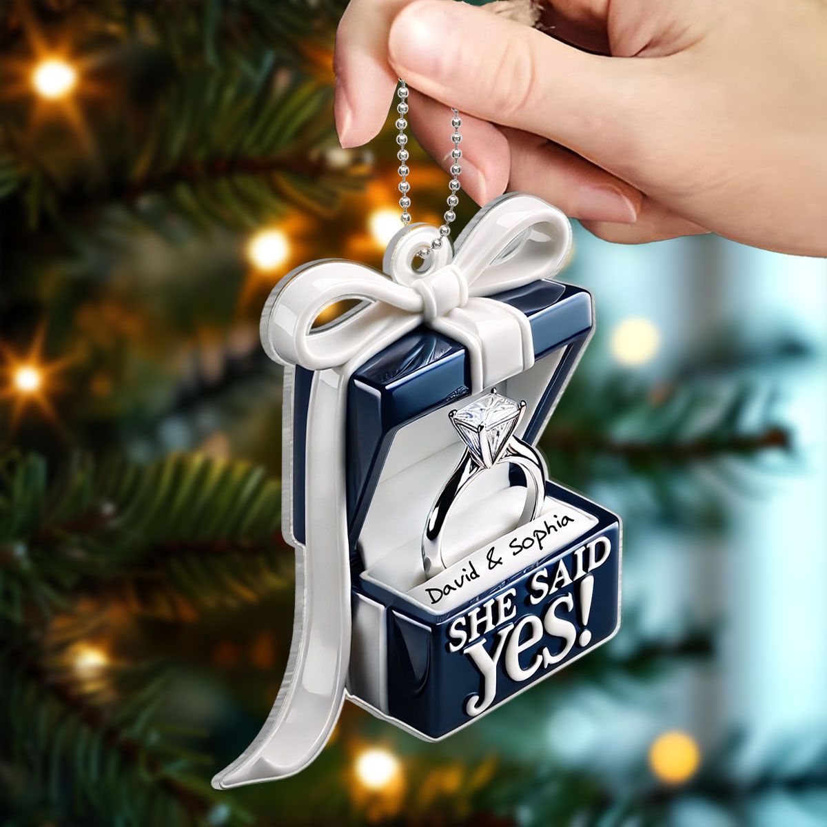 Personalized Blue Engagement Ring Box Personalized 2D Flat Acrylic Ornament, Anniversary Gift for Couple