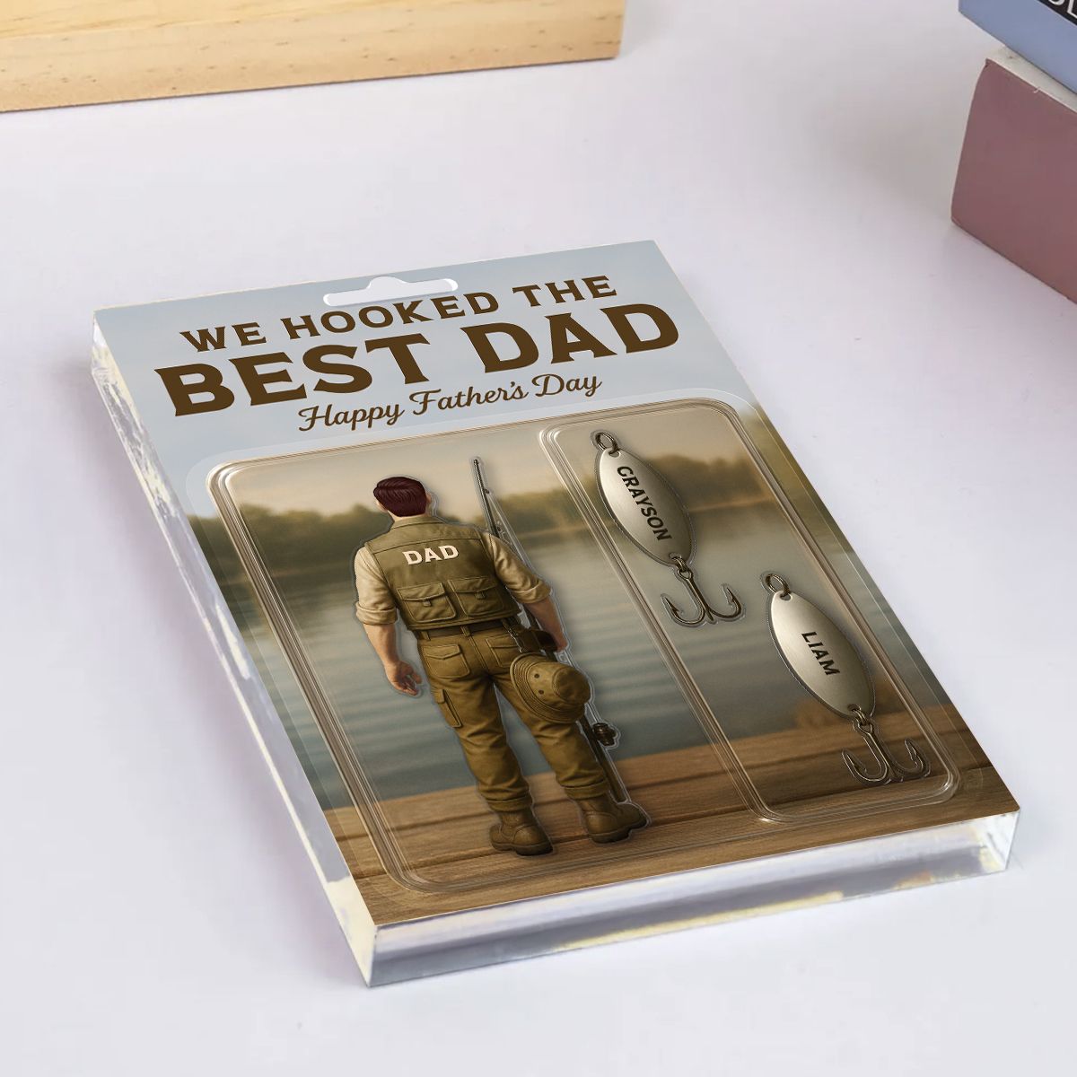 We Hooked The Best Dad Fishing With Kids' Names Custom Figure Personalized Acrylic Block Plaque, Perfect Father's Day Gift For Him, For Dad, Fishing Lover