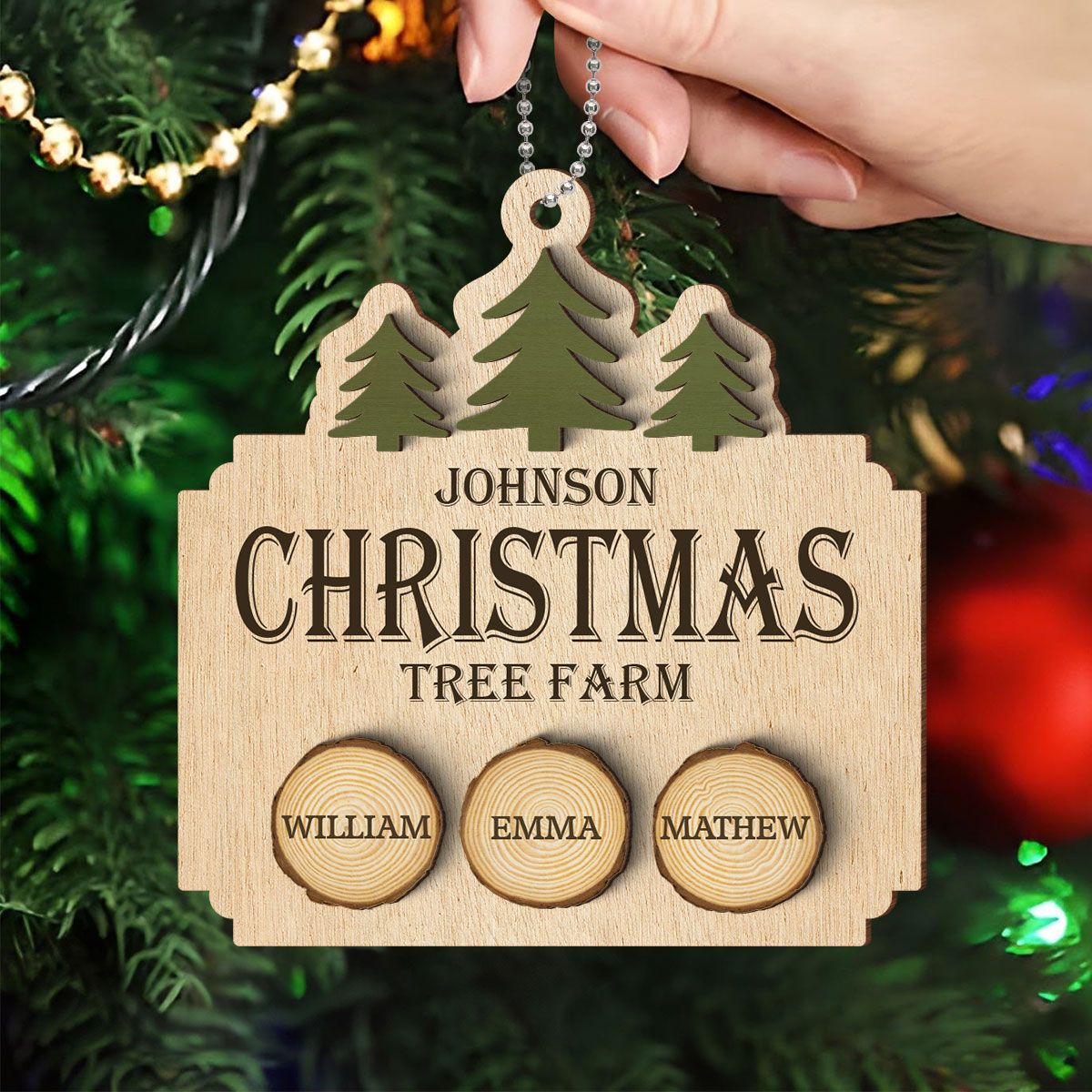 Christmas Tree Farm Family Wood Slice Personalized 2-Layer Wooden Ornament