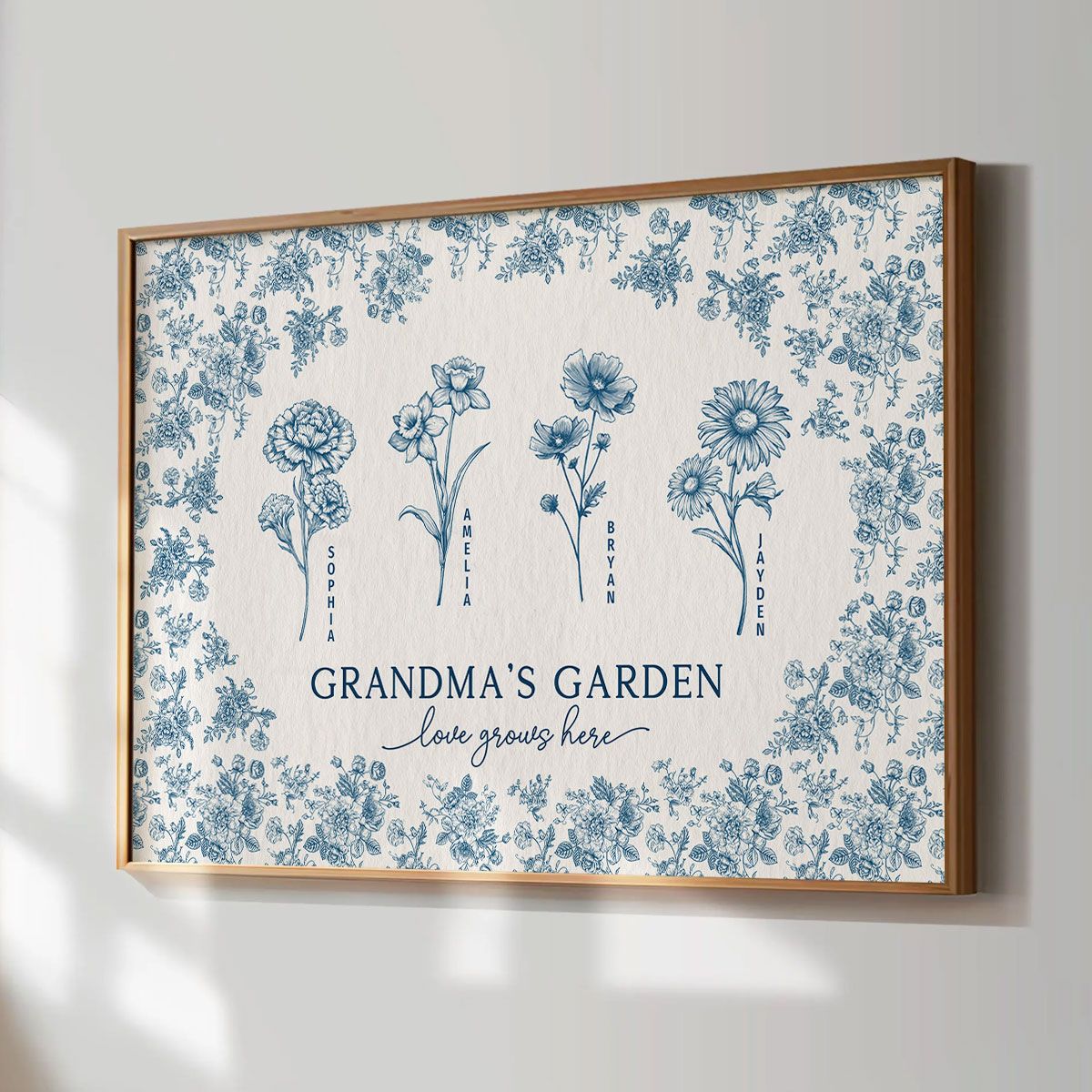 Vintage Blue Floral Pattern Grandma's Garden Personalized Canvas