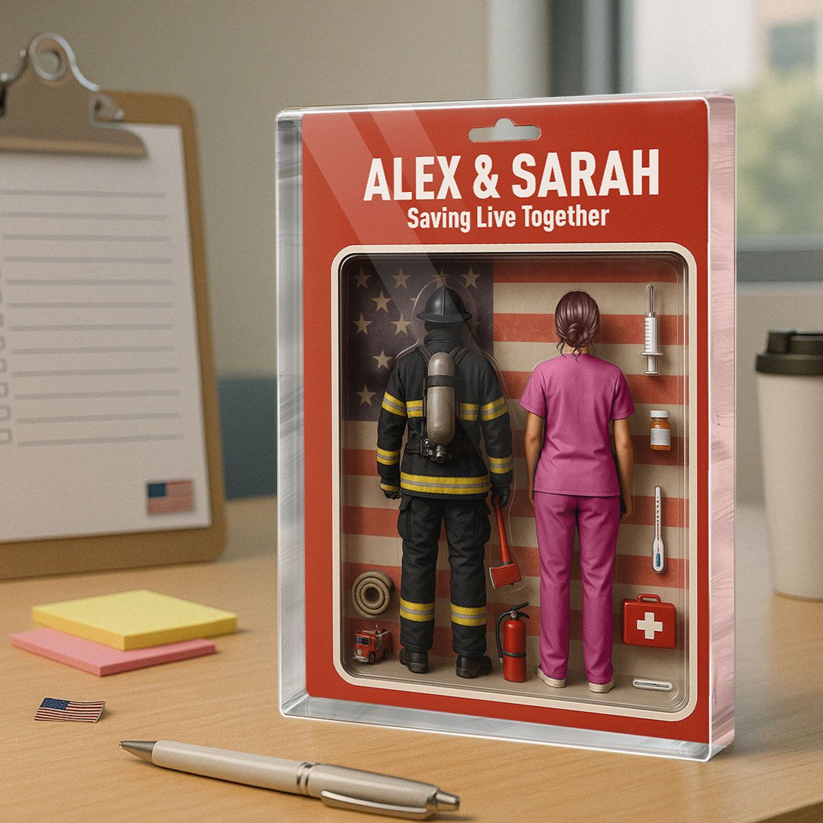 You & Me We Got This Firefighter & Nurse Couple Toy Box Figures Style Personalized Acrylic Block Plaque