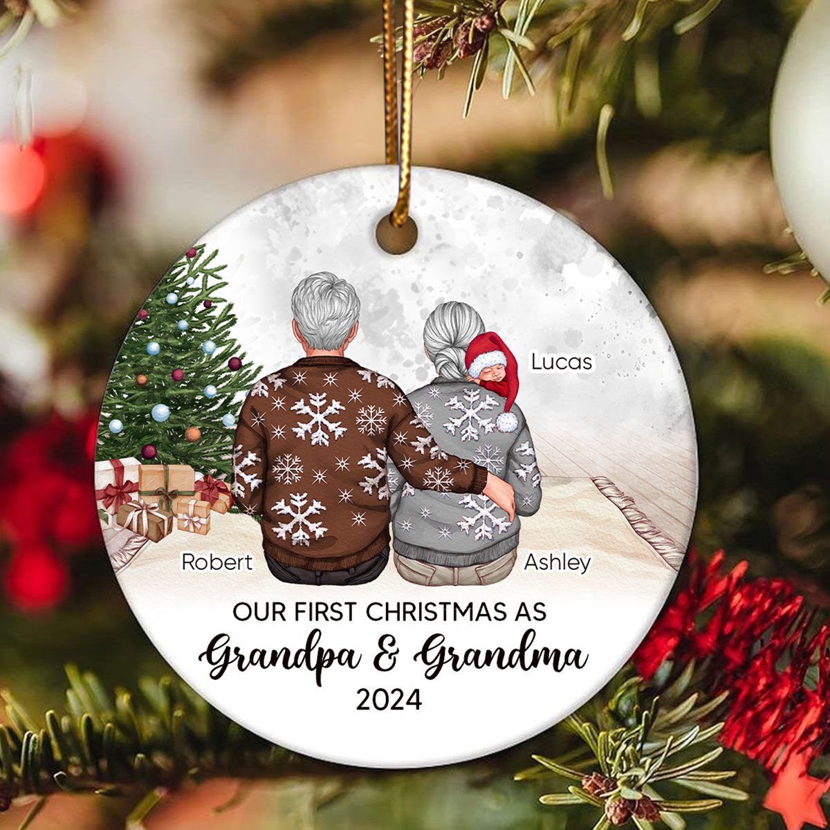 Our First Christmas As Grandma & Grandpa Personalized Circle Ceramic Ornament
