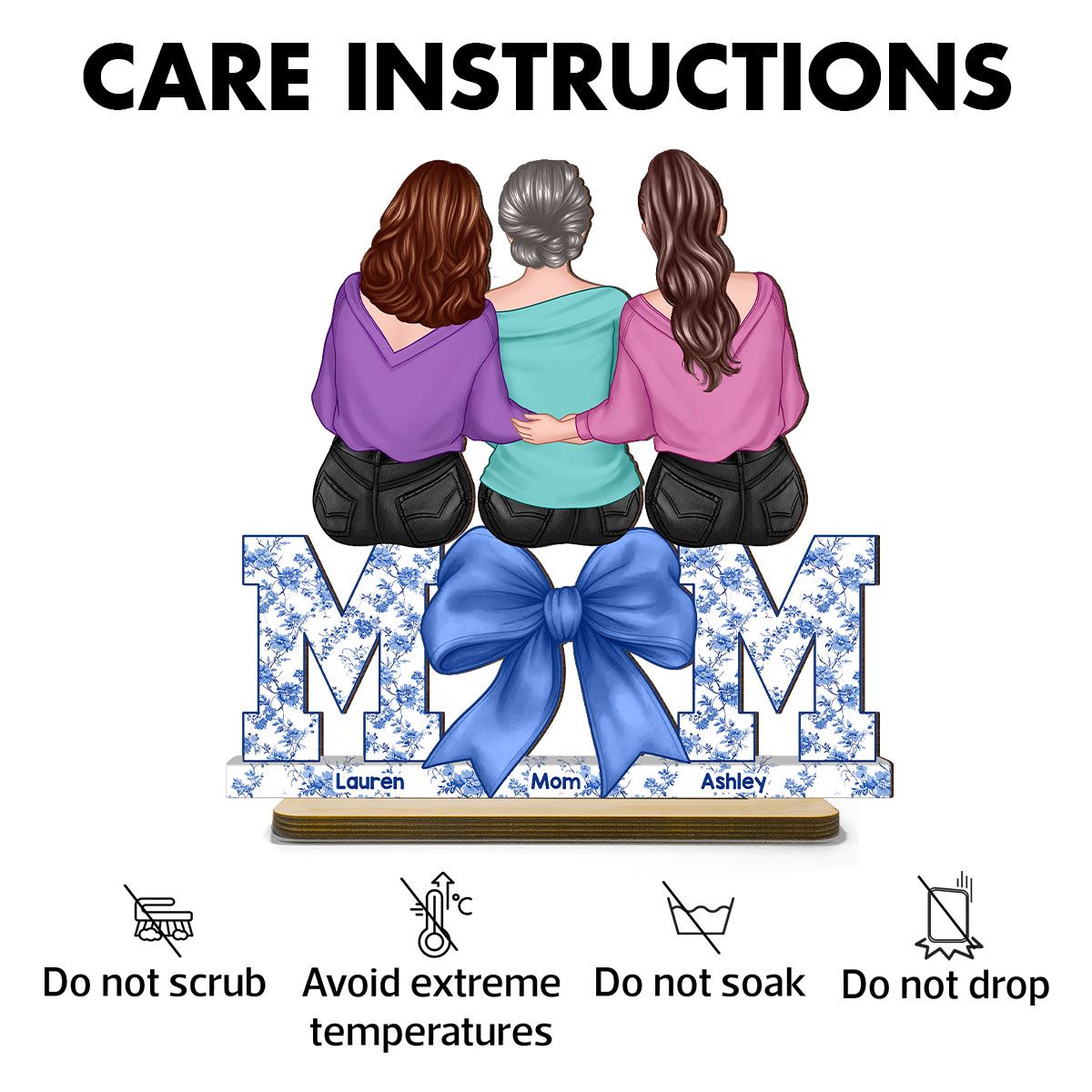 Mother Daughters Blue Floral Chinoiserie Personalized Standing Wooden Plaquer, Mother's Day Gift