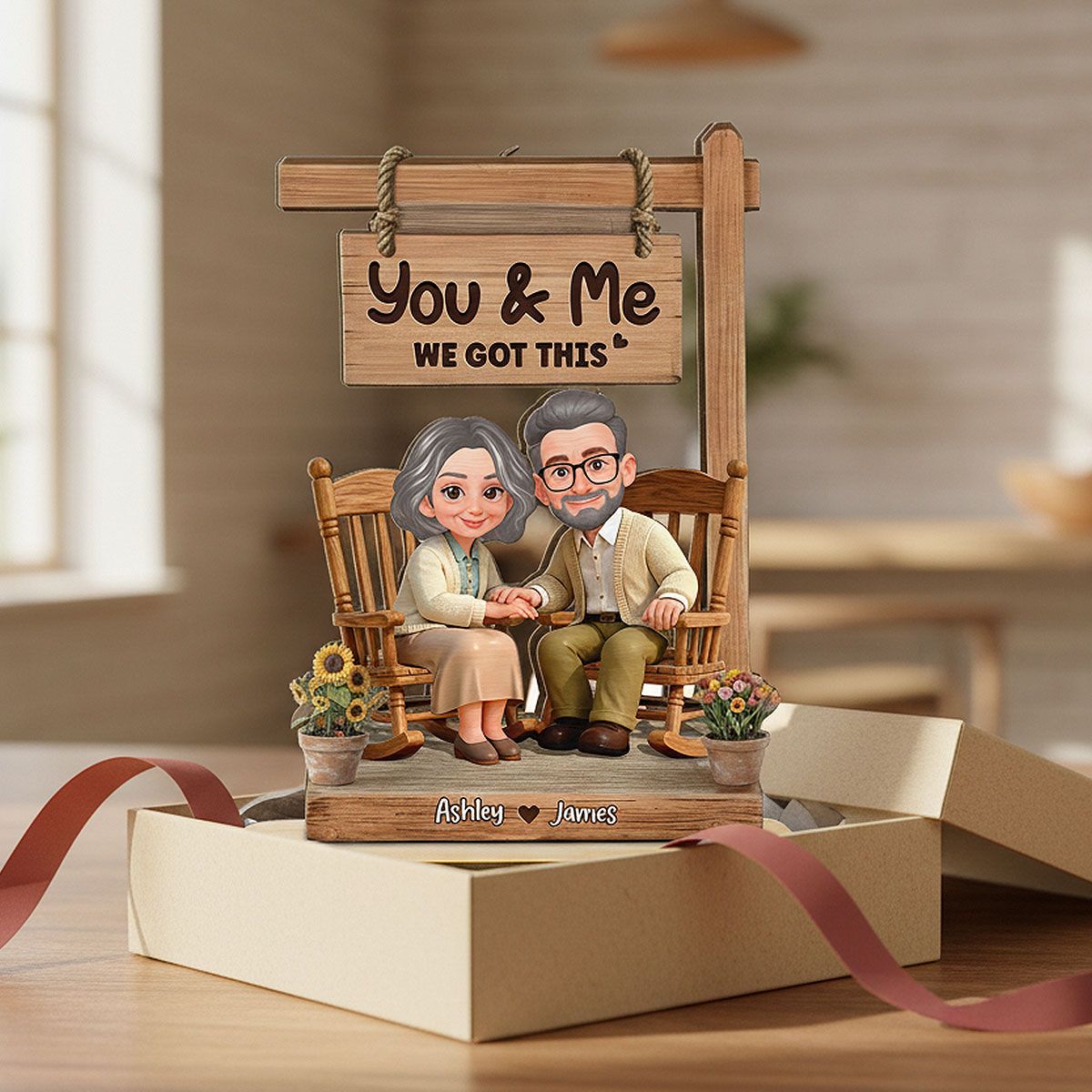 Old Couple Sitting Together Hand On Hand 2D Flat - Personalized 2-Layered Wooden Plaque - Anniversary, Valentine's Day Gift For Him, Gift For Her