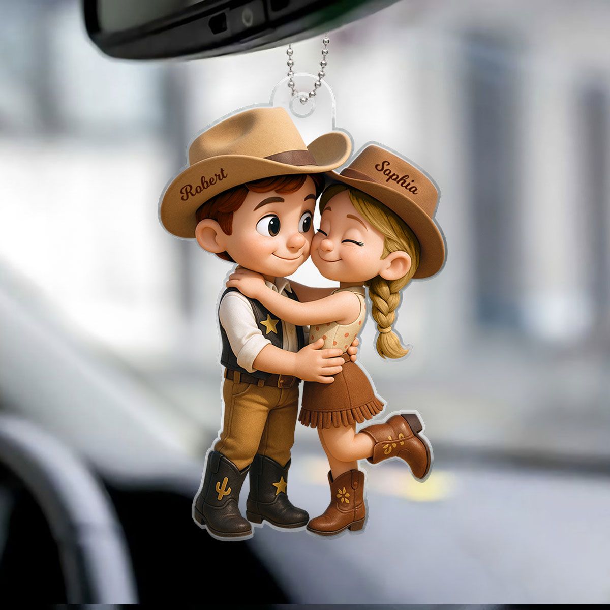 Cartoon Style Countryside Couple Cowboy Cowgirl Car Accessories Personalized Car Hanger Ornament