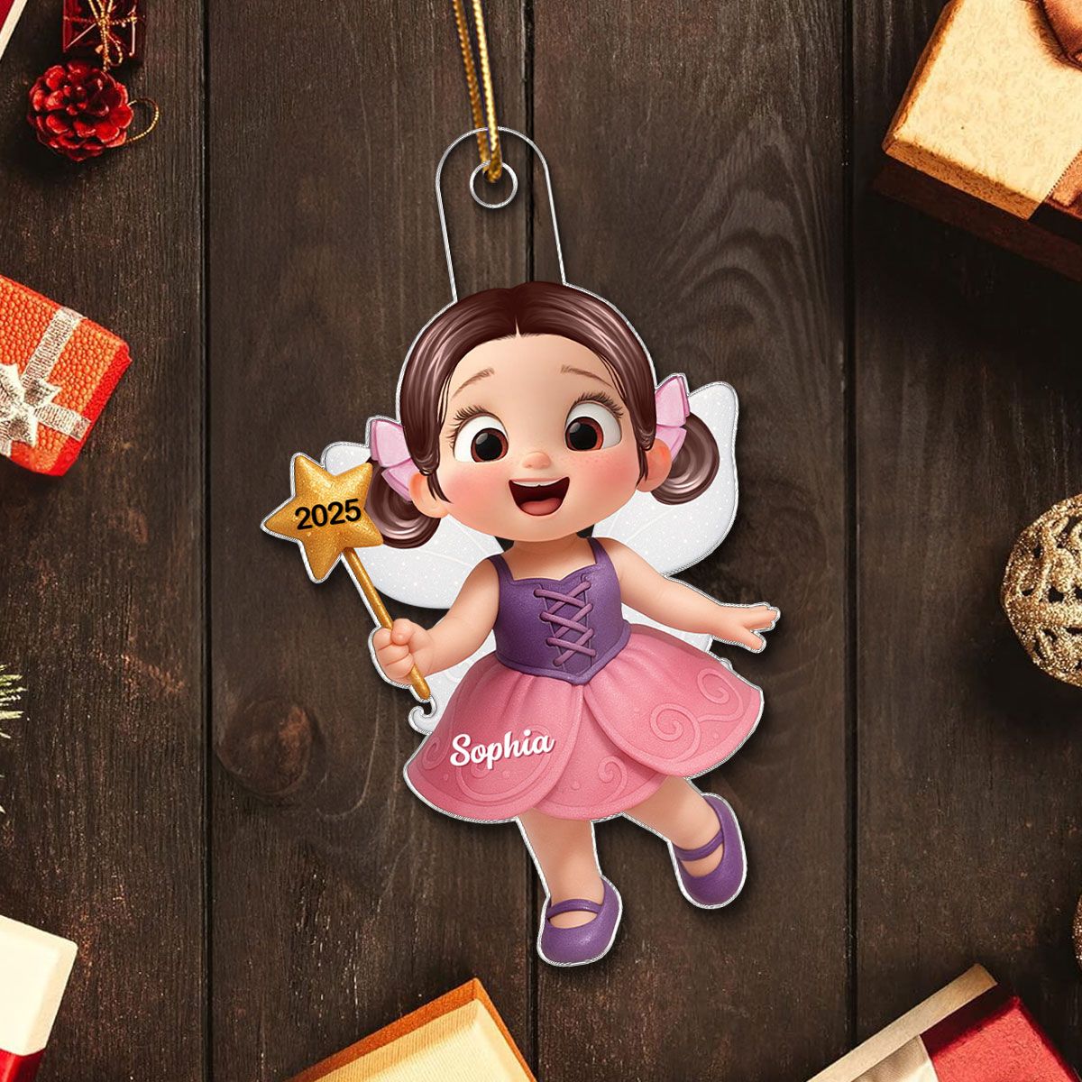 3D Effect Cute Cartoon Fairy Kid Christmas Personalized Acrylic Ornament, Beautiful Gift For Grandkids