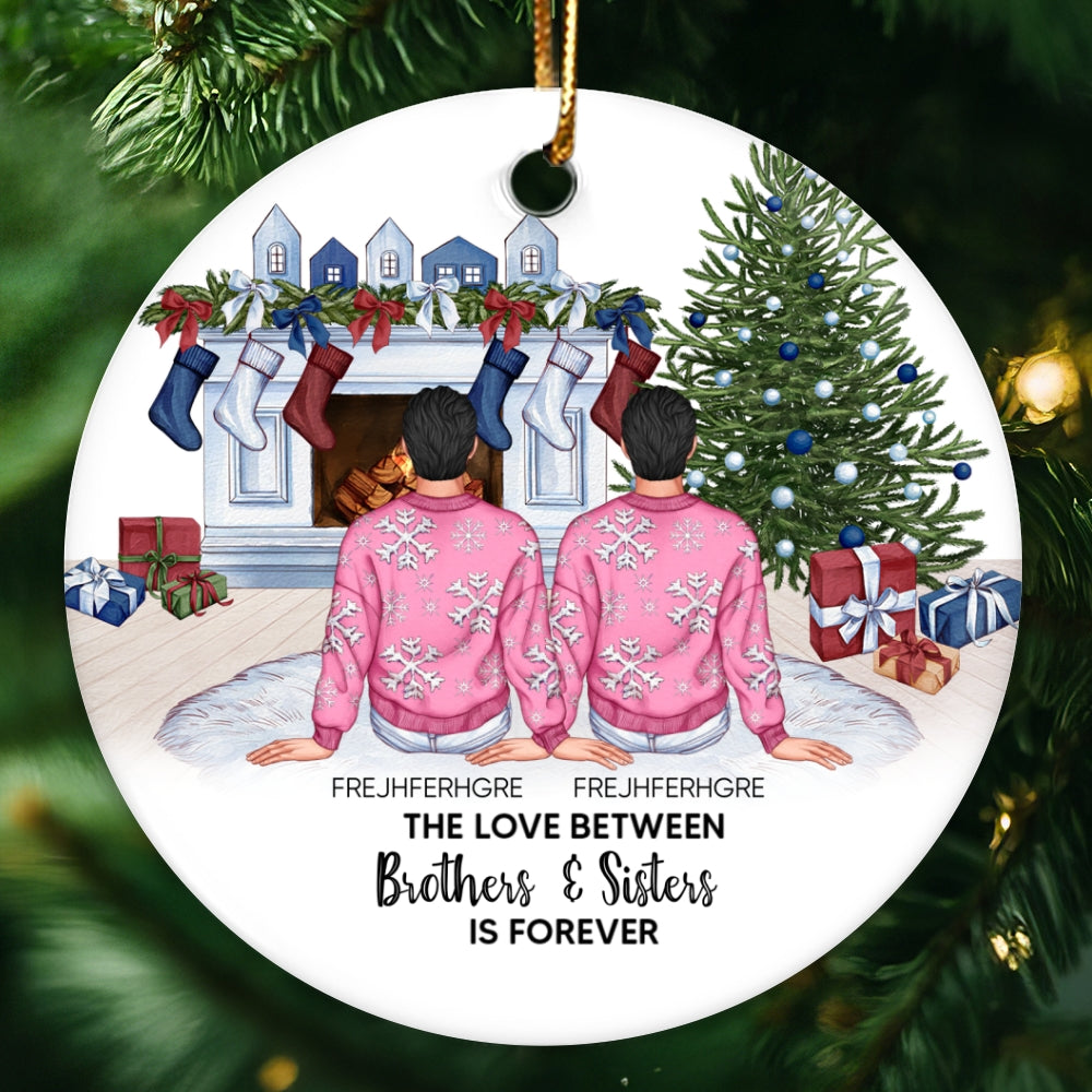 Personalized Siblings Christmas Tree Cozy Fireplace Ornament, Personalized Brothers and Sisters Ornament, Siblings Gift