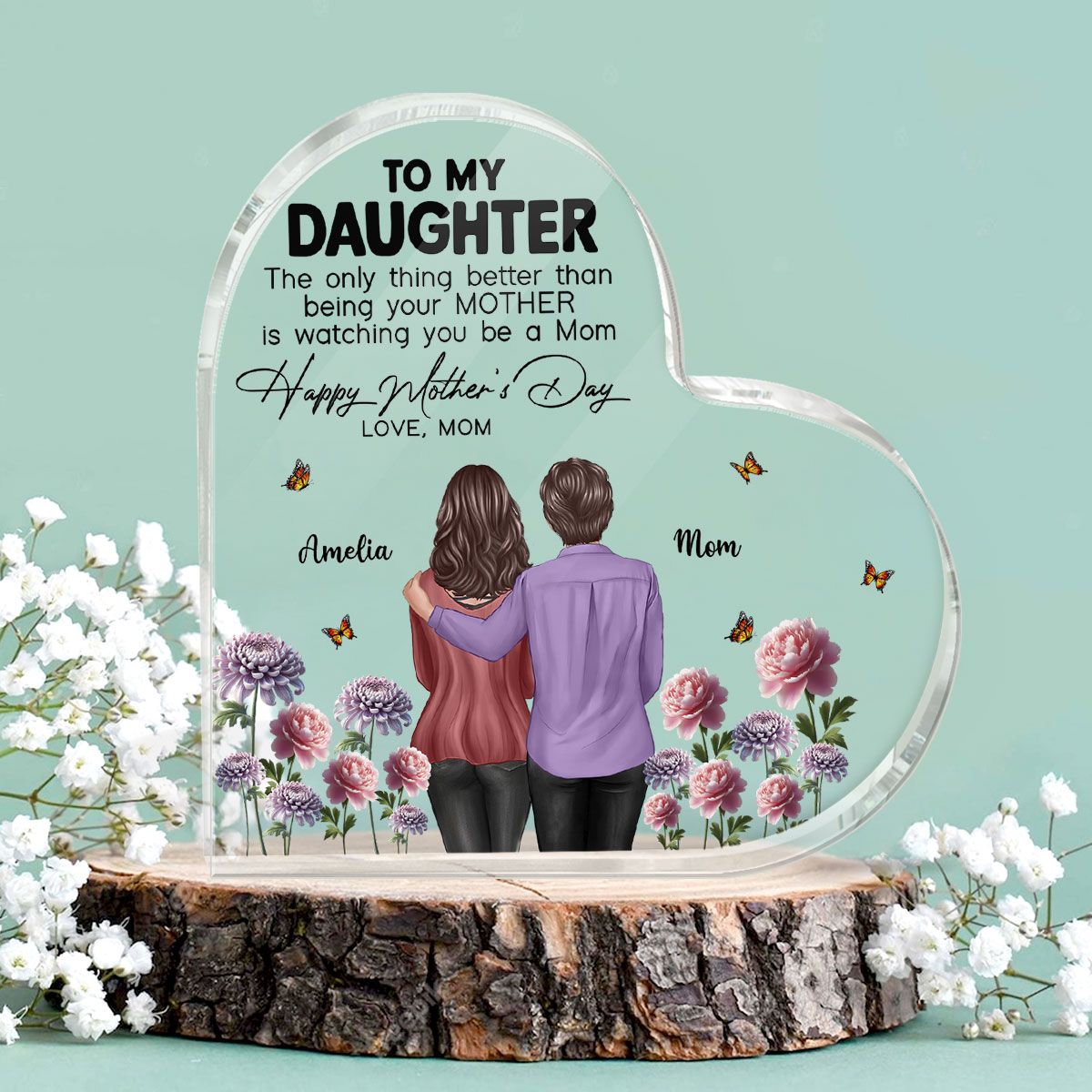 To My Daughter From Mom Happy Mother's Day Birth Flower Personalized Heart Acrylic Block Plaque