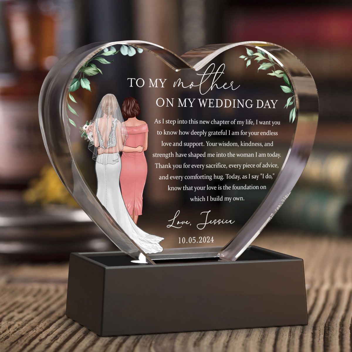 Personalized Wedding Mother of the Bride Gift from Daughter, a Treasure Forever Custom Premium Crystal Heart LED