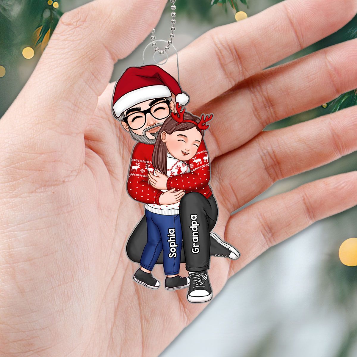 Cute Grandma Grandpa Hugging GrandKid Personalized Acrylic Ornament, Christmas Gift For Granddaughter Grandson
