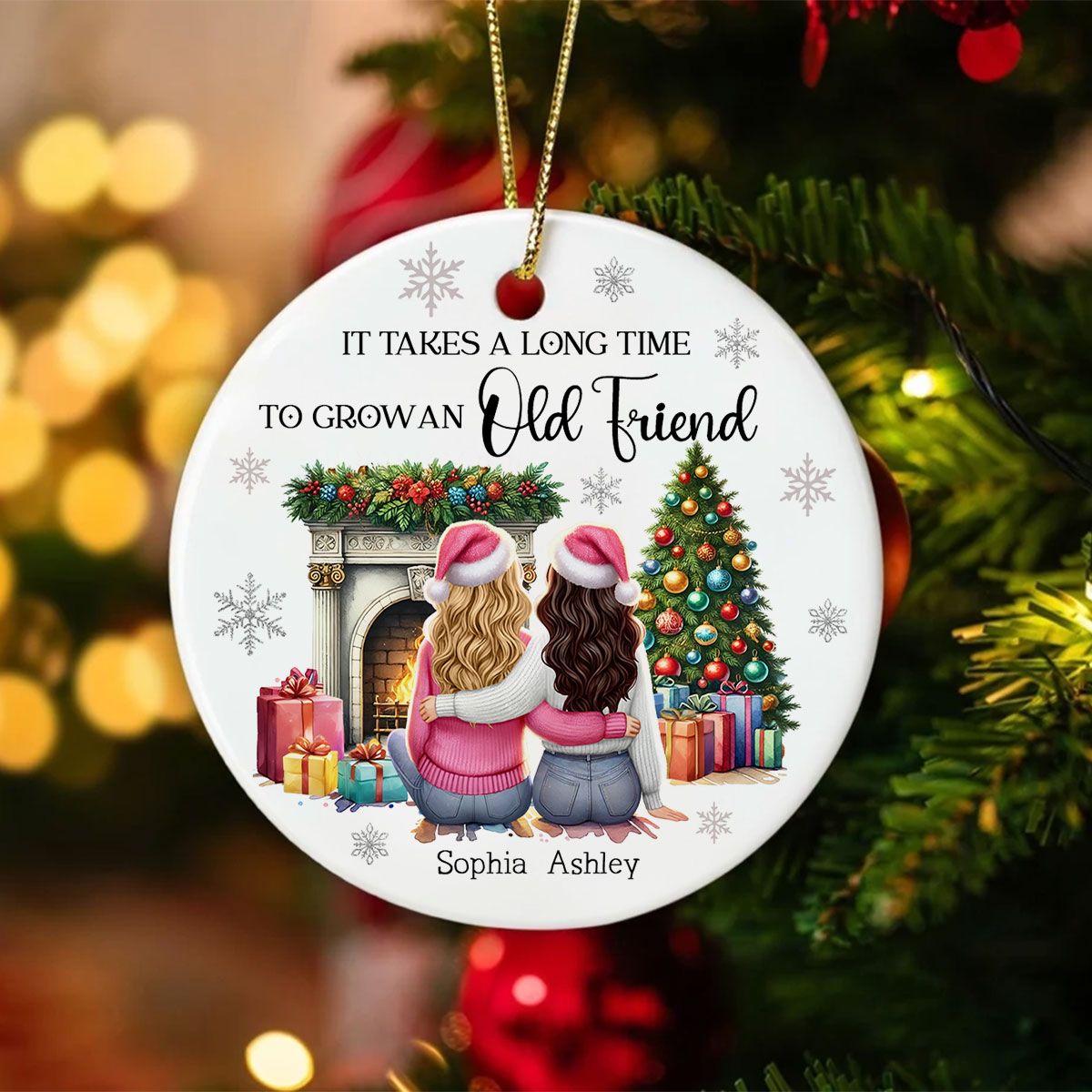 Personalized Best Friends Christmas Ornament – Cozy Holiday Scene by the Fireplace