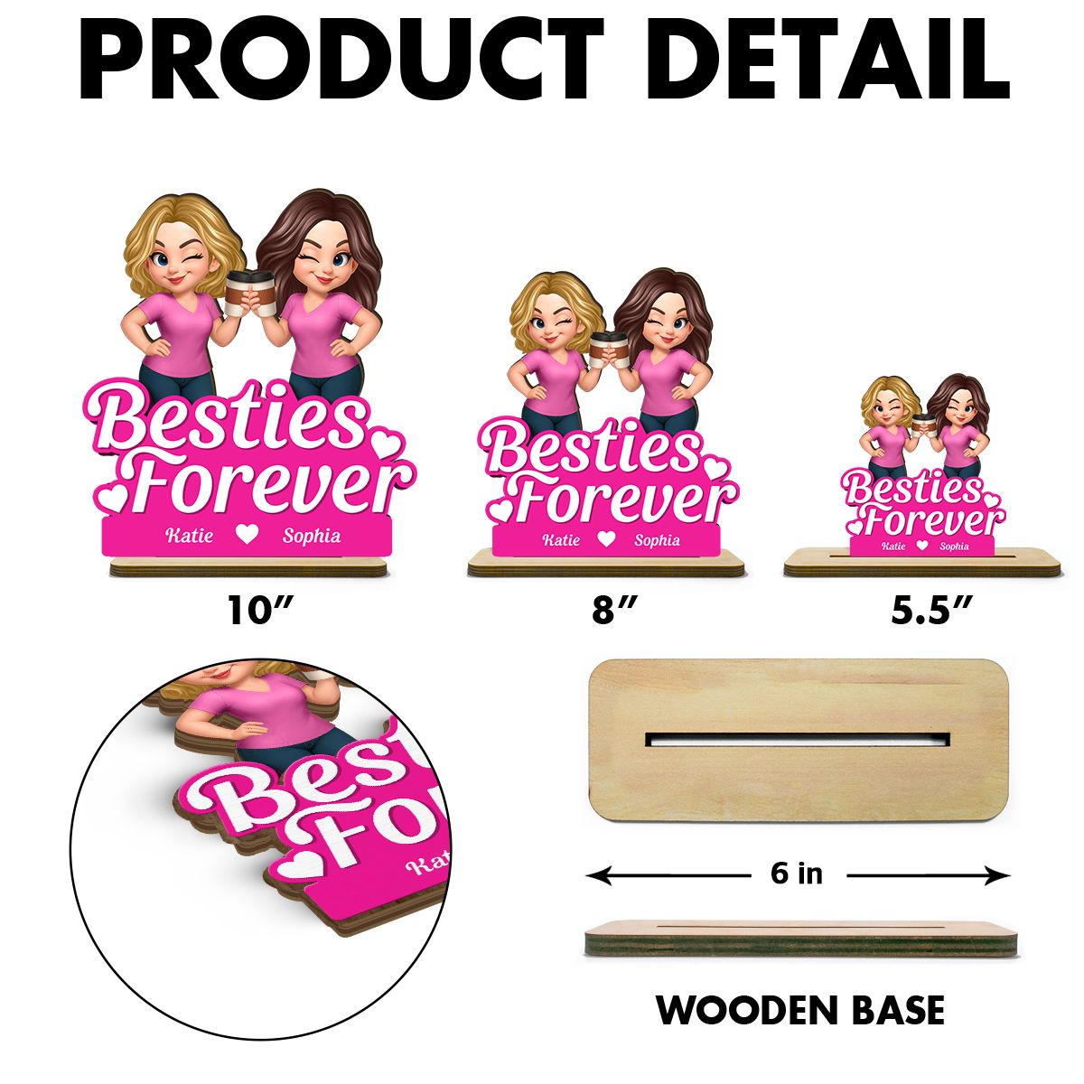 Beautiful Besties Pink Tone Personalized Flat 2-Layer Standing Wooden Plaque