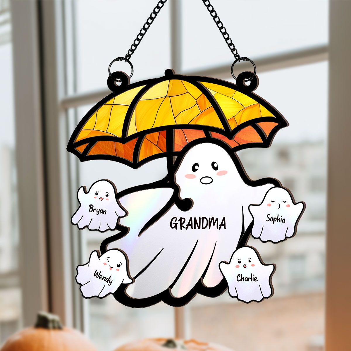 Grandma Funny Ghost with Umbrella Personalized Suncatcher, Halloween Stained Glass Decor