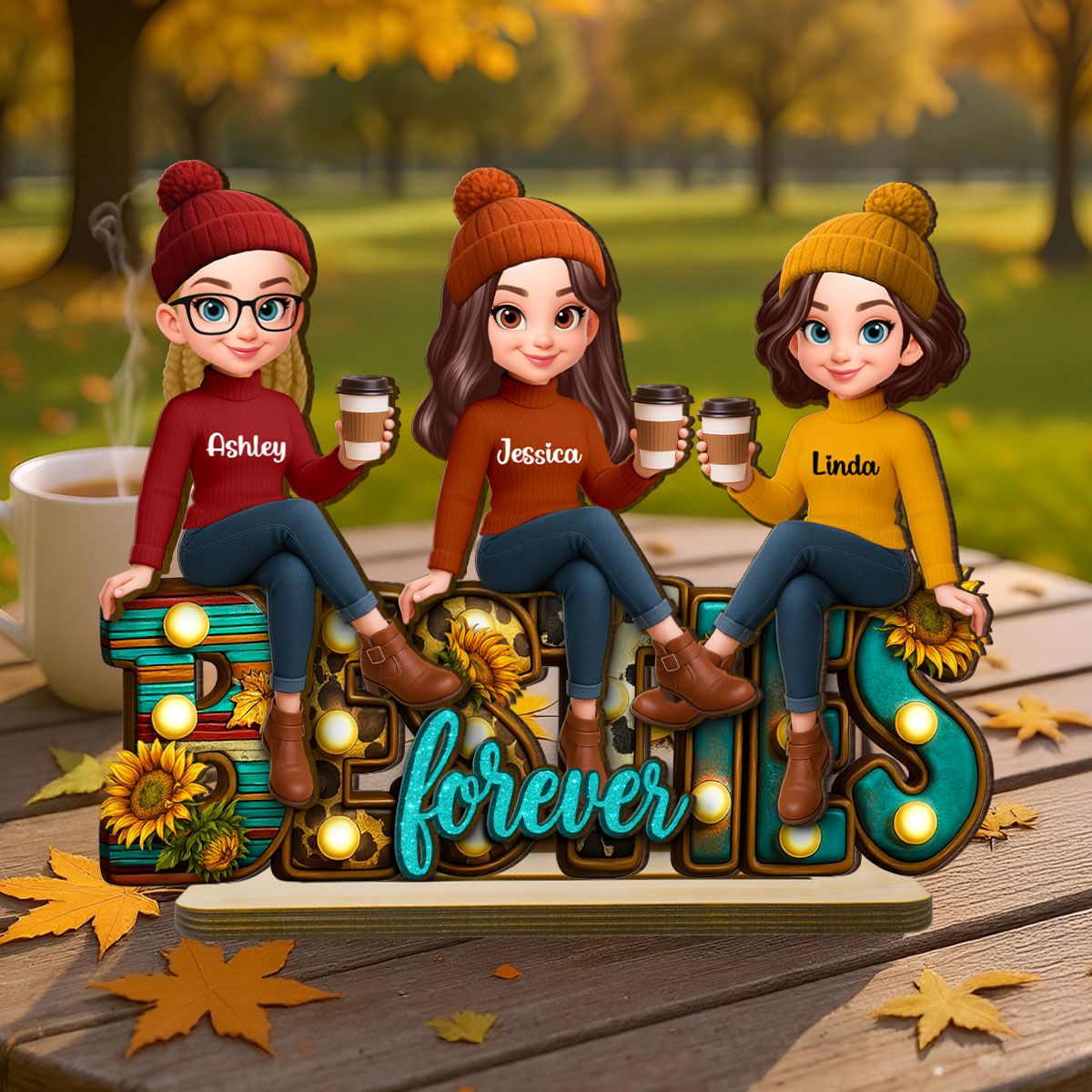 Western Fall Vibe Besties Sitting Personalized Standing Wooden Plaque, Fall Gift for Best Friends