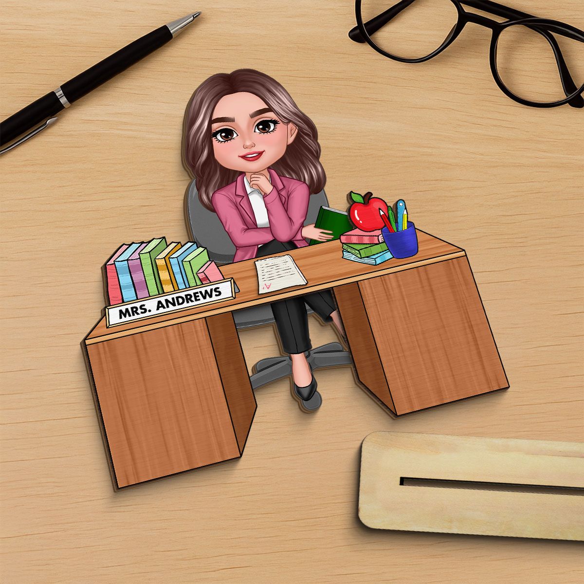 Teacher Sitting At Desk Personalized 2-Layer Standing Wooden Plaque, Back To School Gift