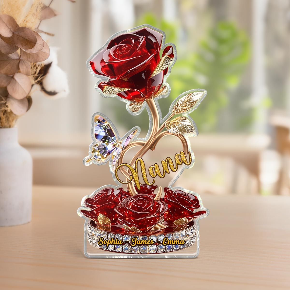 Beautiful Rose For Grandma Mom Realistic 3D Effect Personalized Flat Acrylic Block Plaque