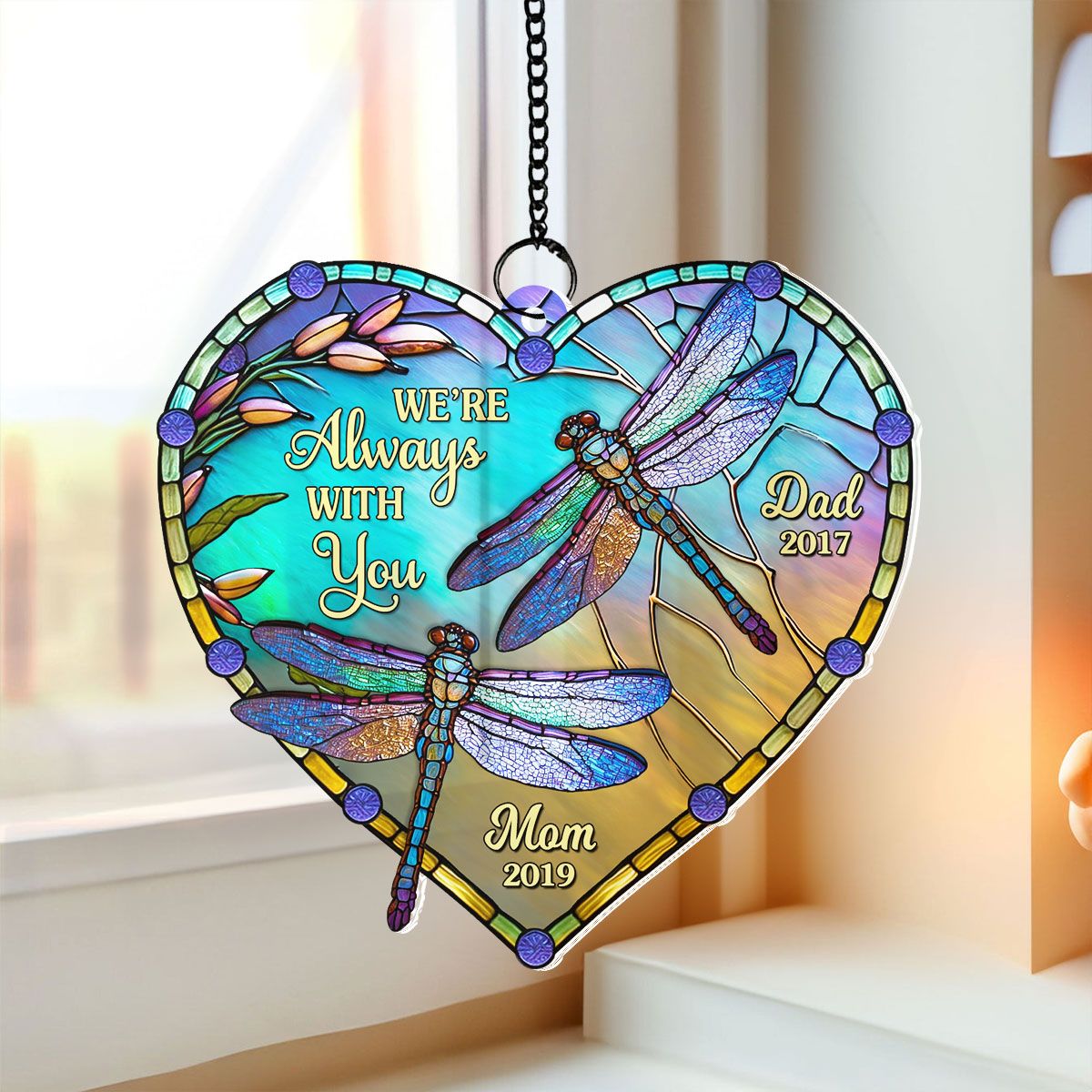 Heart Dragonfly Memorial Personalized Window Hanging Suncatcher Ornament, Sympathy Gift For Loved Ones