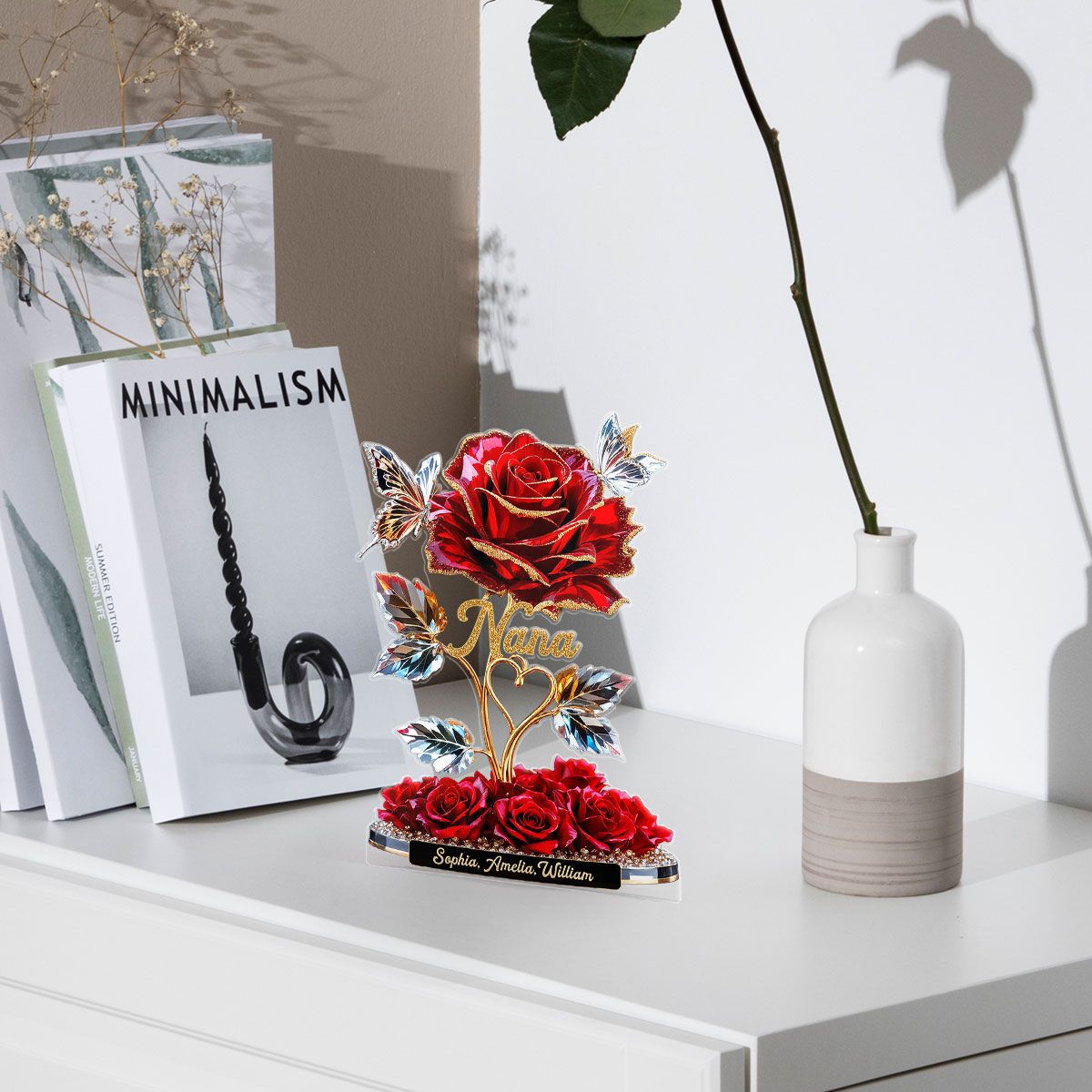 Beautiful Rose For Grandma Mom With Kids Names 3D Effect Personalized Flat Acrylic Block Plaque