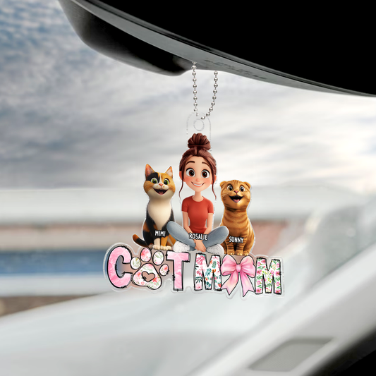 Cartoon Cat Mom Sitting Personalized Acrylic Car Hanger, Gift for Cat Moms