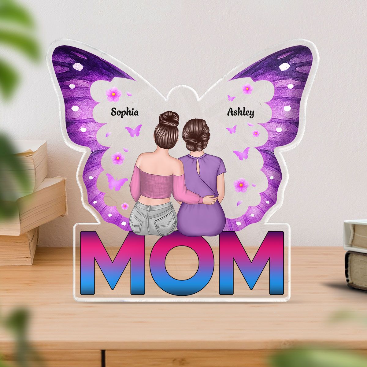 MOM Butterfly Sitting Back View Personalized Acrylic Block, Mother's Day gift