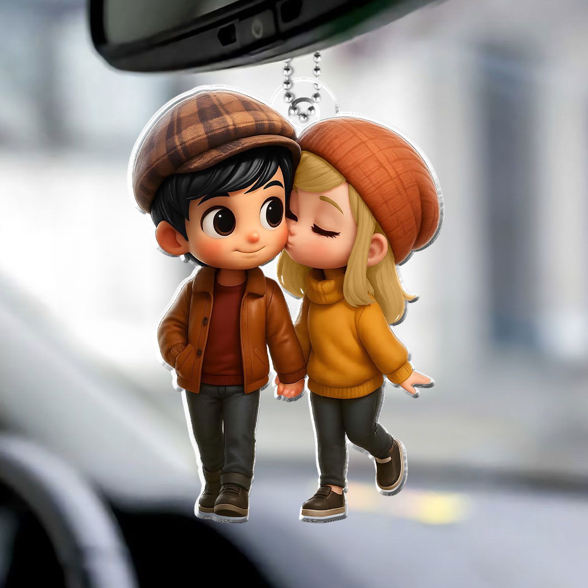 Fall Season 3D Effect Cute Cartoon Couple Walking Personalized Car Ornament, Perfect Gift for him, Gift for her
