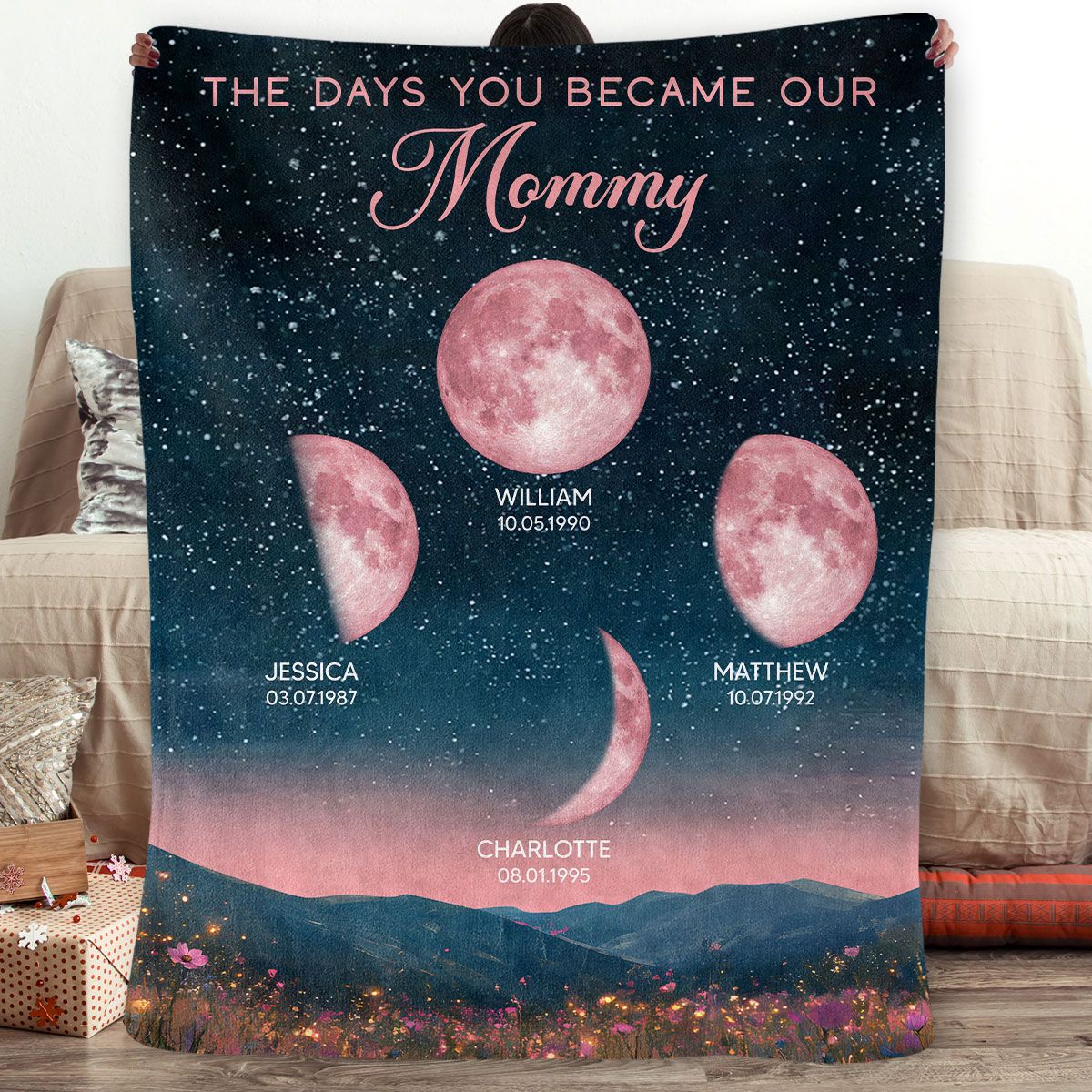 Pink Moon Phase Custom Birth Moon Beautiful Hill At Night Personalized Fleece Blanket, Mother's Day Gift