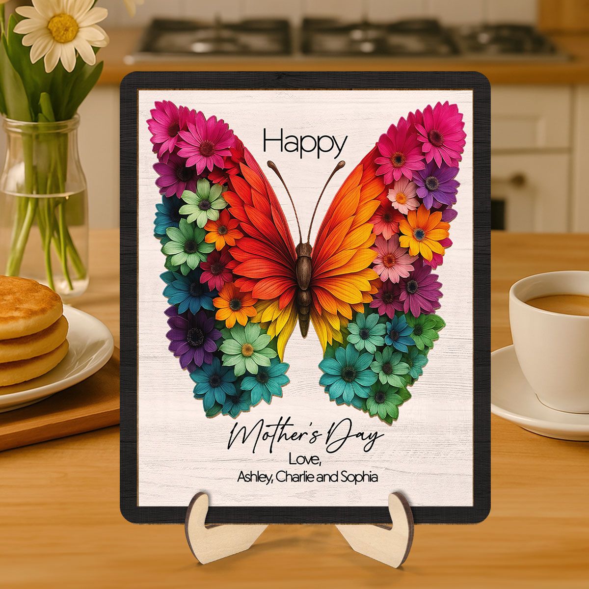 Mother's Day Butterfly Flowery Wings 2D Flat, Personalized 2-Layered Wooden Plaque, Mother's Day Gift for Mom, 3D Effect