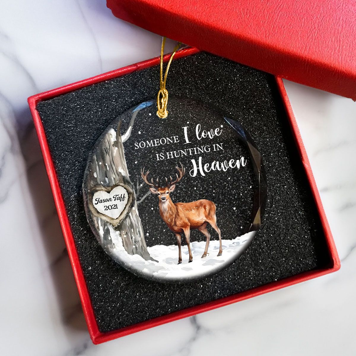 Hunting In Heaven Memorial Winter Personalized Glass Ornament