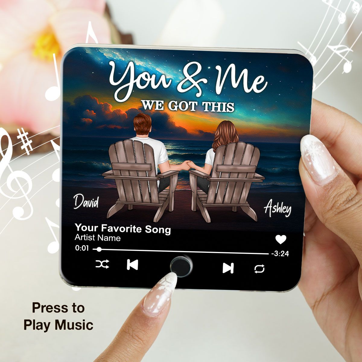 Night Beach Landscape Couple Sitting Back View Personalized Music Magnet